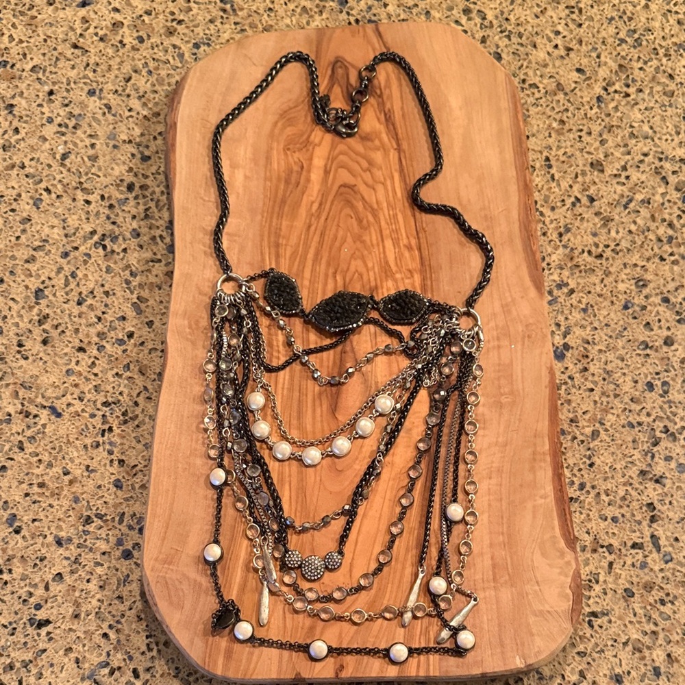 Multi-Strand Gunmetal and Pearl Statement Necklace Boho Fedtival Ready